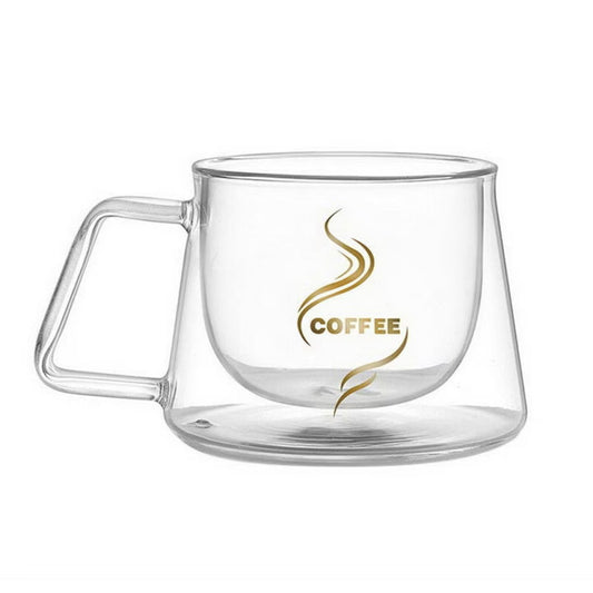 Cana Termorezistenta cu Perete Dublu din Sticla, Model Coffee, Capacitate 200 ml, Transparent