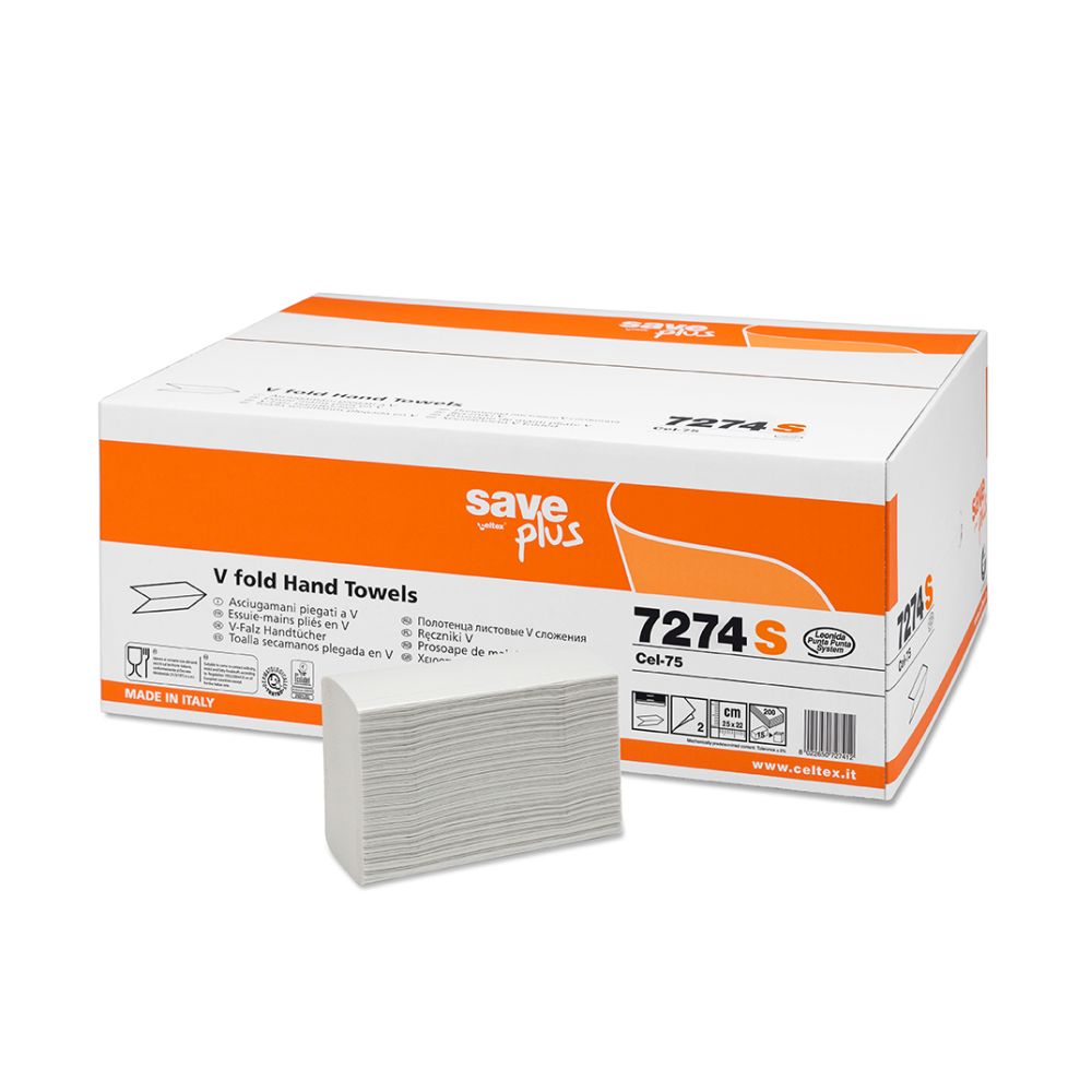 Rezerva prosoape pliate V, Celtex, Save Plus 7274S, 2 straturi, alb, 200 buc/pachet, 15 pachete/bax