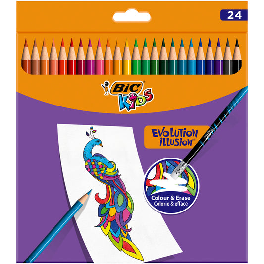 Creioane colorate Bic Evolution Illusion cu radiera, 24 culori/set