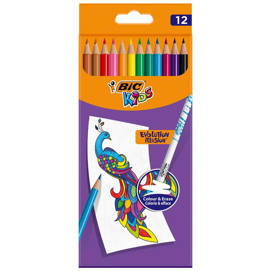 Creioane Colorate BIC Evolution Illusion, 12 Buc/Set, Culori Asortate, Creioane Colorate BIC, Set Creioane de Colorat pentru Copii, Creioane de Colorat BIC Evoluiton Illusion, Creion de Colorat pentru Scoala, Creioane Colorate cu Radiera