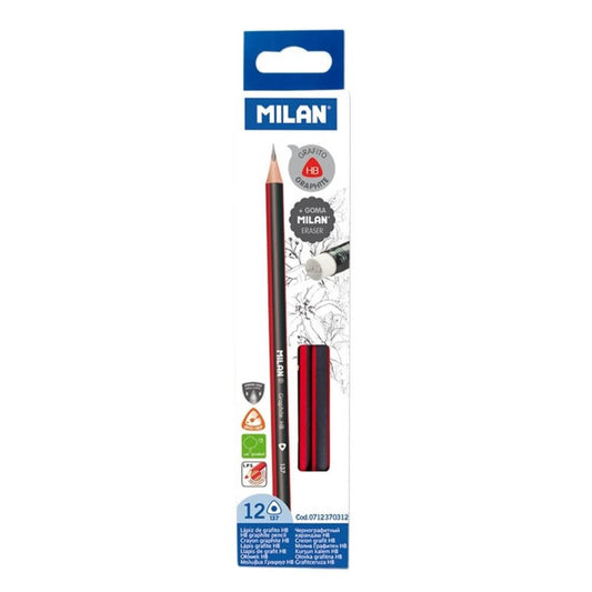 Set 12 Creioane Grafit MILAN, Mina HB, Corp de Lemn Triunghiular cu Radiera, Creioane HB cu Radiera, Creioane Grafit HB cu Radiera, Creioane HB MILAN, Set Creioane Grafit, Creion HB Grafit, Creioane pentru Schite si Grafica, Creioane Desen Tehnic