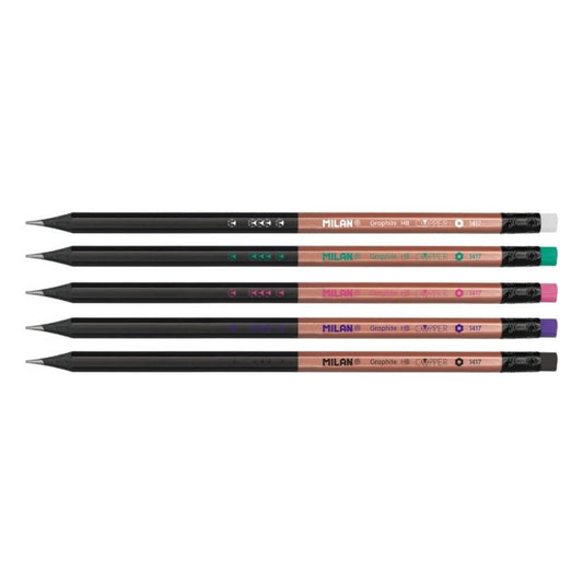 Set 48 Creioane Grafit MILAN Copper, Mina HB, Corp de Lemn Hexagonal, cu Radiera, Creioane Desen cu Radiera, Creioane Grafit HB cu Radiera, Creioane HB MILAN, Set Creioane Grafit, Creion HB Grafit, Creioane pentru Schite si Grafica, Creioane Desen Tehnic