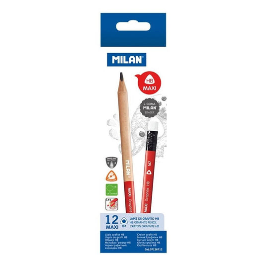 Set 12 Creioane Grafit MILAN Maxi, Mina HB, Corp de Lemn Triunghiular si Radiera, Creioane  HB cu Radiera, Creioane Grafit HB cu Radiera, Creioane HB MILAN, Set Creioane Grafit, Creion HB Grafit, Creioane pentru Schite si Grafica, Creioane Desen Tehnic