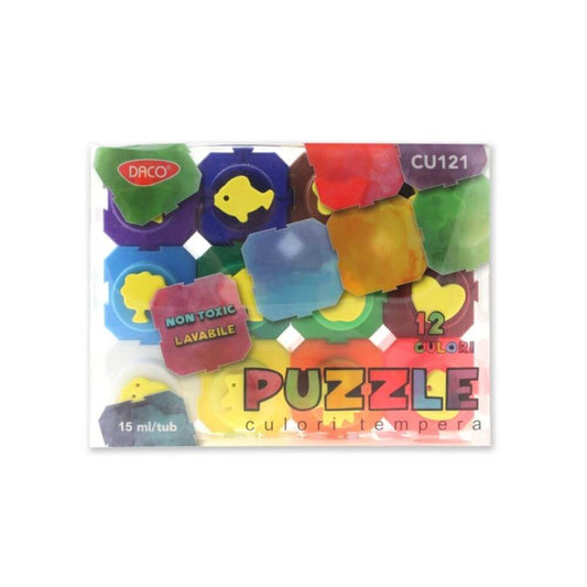 Vopsea Tempera Puzzle DACO, 12 Culori/Set, 15 ml/Tub, Multicolor, Set Tempera, Acuarele Tempera, Culoare Tempera, Tempera, Acuarele, Culori Tempera, Vopsele Tempera, Culori pentru Pictura, Culori Tempera Tip Puzzle