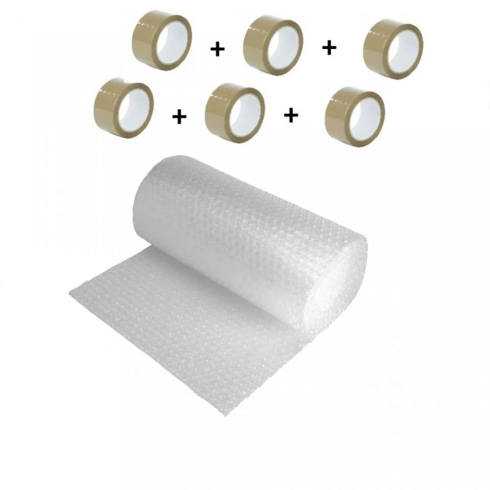 Pachet Folie cu Bule, Dimensiune 60cm x 100m, 60g/mÂ² + 6 Role Scotch in 2 Straturi