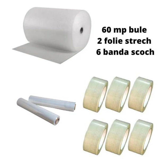 Pachet Folie cu Bule, Dimensiune 0,60m x 100m, 60g/mÂ² + 6 Role Scotch + 2 Stretch in 2 Straturi