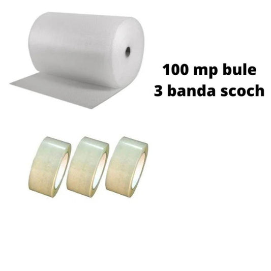 Pachet Folie cu Bule, Dimensiuni 100cm x 100 m, 90 g/mÂ² + 3 Role Scotch in 3 Straturi