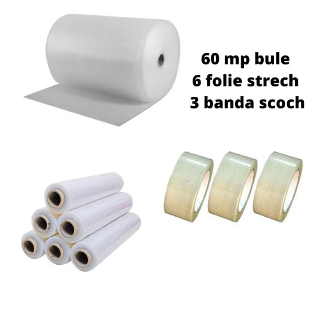 Pachet Folie cu Bule, Dimensiune 60cm x 100m, 60g/mÂ² + 3 Role Scotch + 6 Stretch in 2 Straturi