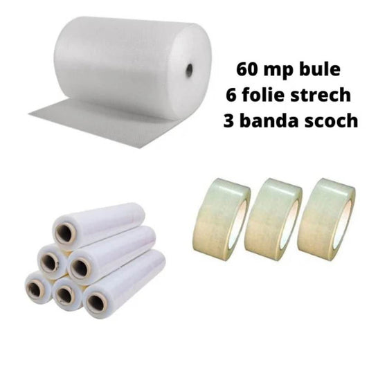 Pachet Folie cu Bule, Dimensiune 60cm x 100m, 60g/mÂ² + 3 Role Scotch + 6 Stretch in 2 Straturi
