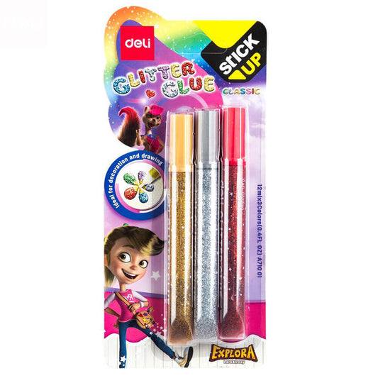 Set 3 Tuburi Lipici Deli Glitter Classic 12 ml, Diverse Culori, Lipici cu Glitter, Lipici cu Uscare Rapida, Lipici pentru Decorat, Lipici Lichid Decorat, Lipici Decorat Deli, Lipici cu Sclipici, Lipici Lichid cu Sclipici, Lipici cu Sclipici pentru Decorat