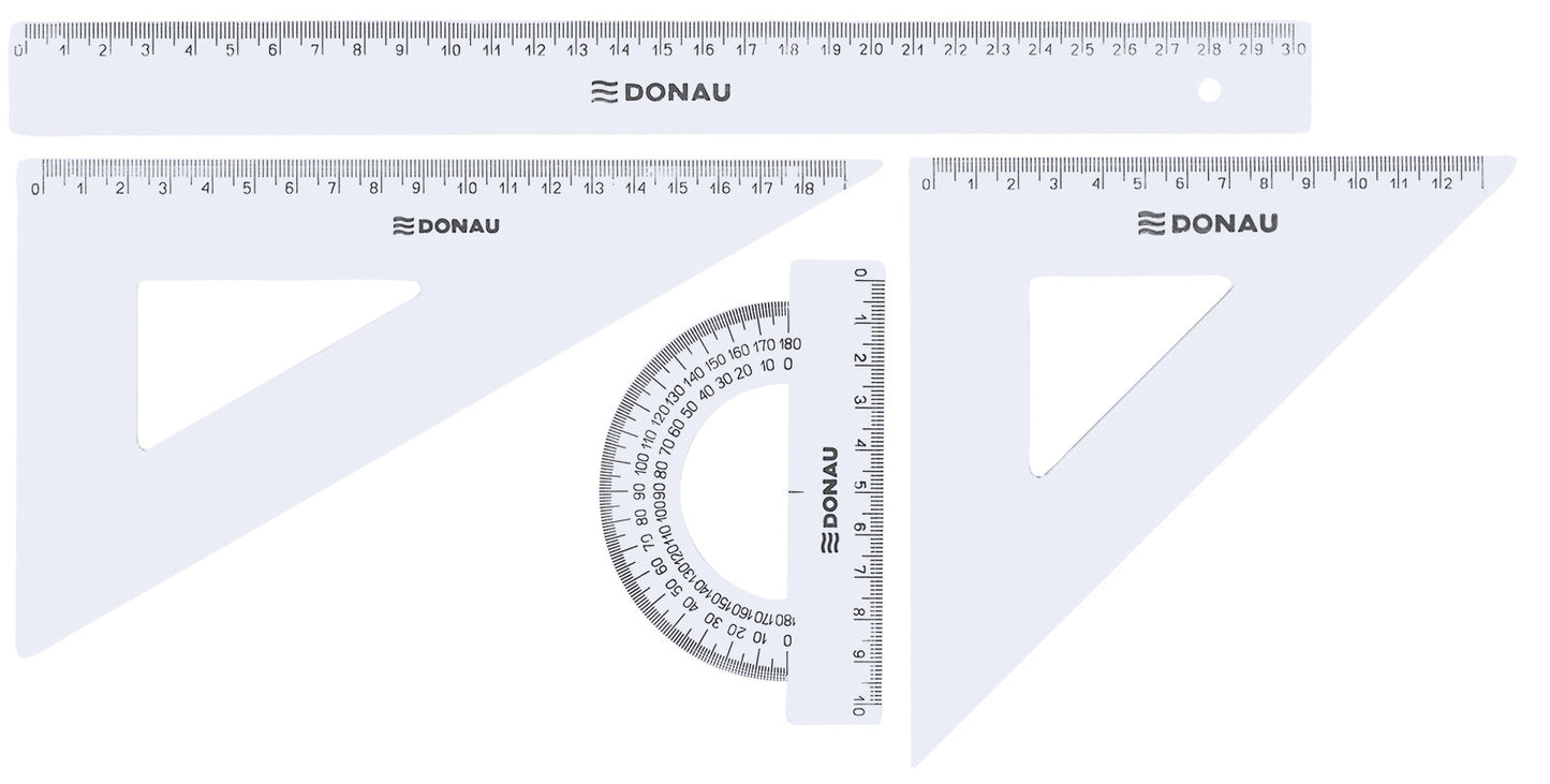 Set Geometrie Mare, Contine: Rigla 30cm, Raportor, Echer 13cm Si Echer 19cm, Donau - Transparent