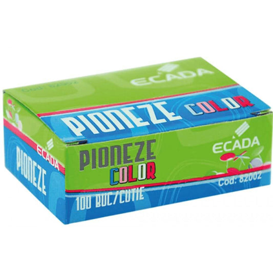 Pioneze Color Ecada, 11 mm, 100 Buc/Cutie, Diferite Culori, Pioneza cu Cap Plat Rotund Colorat, Pioneze cu Diametrul Capului de 11 mm, Piuneze Colorate, Piuneza Colorata, Set 100 Pioneze, Pioneze Metalice, Pioneze Metal