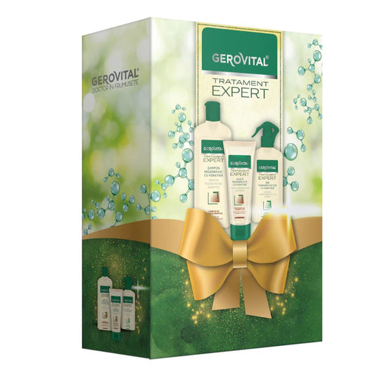 Set Cadou Gerovital Tratament Expert: Sampon Regenerant cu Keratina, 250 ml + Masca Regeneranta cu Keratina, 150 ml + Ser Termoprotector cu Keratina, 150 ml
