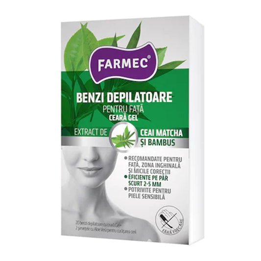 Benzi Depilatoare Farmec pentru Fata cu Ceara Gel, 20 Benzi + 2 Servetele