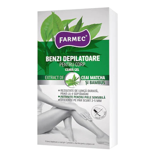 Benzi Depilatoare Farmec pentru Corp cu Ceara Gel, 16 Benzi + 2 Servetele