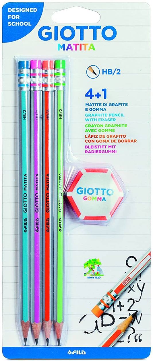 Creion Cu Mina Grafit, 4 Buc/set+radiera, Giotto