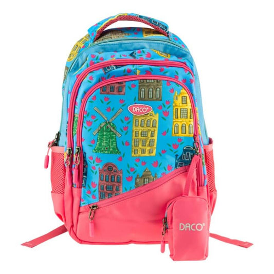 Ghiozdan DACO pentru Scolari, Model Cladiri, 38x30x17 cm, Poliester, Albastru/Roz, cu Buzunar Detasabil, Ghiozdan Scolar, Ghiozdan Scolari, Ghiozdane Scoala, Ghiozdan Adolescenti, Ghiozdane Adolescenti, Rucsac Scoala, Ghiozdan Mare