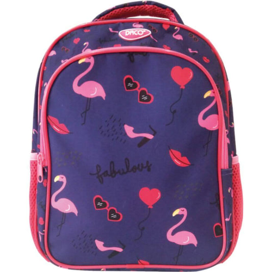 Ghiozdan DACO Model Flamingo pentru Prescolari, 33x26x12 cm, Bretele Reglabile si Doua Buzunare Laterale cu Plasa, Material Poliester, Culoare Mov/Roz, Ghiozdane Gradinita, Ghiozdane Scoala, Ghiozdan Scolar, Rechizite Scolare