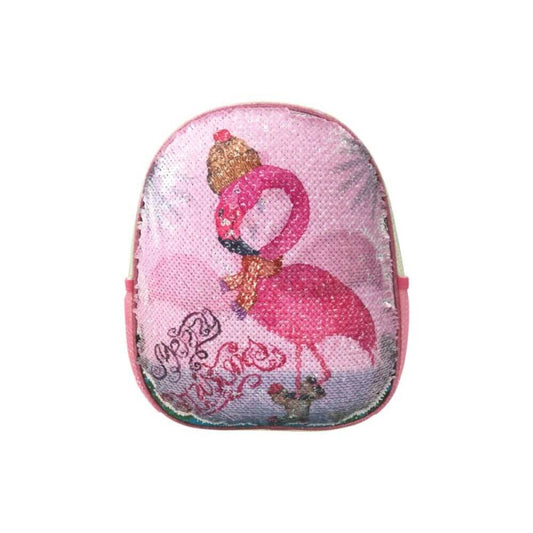 Ghiozdan DACO cu Paiete, Model Flamingo, 31x25x9 cm, Bretele cu Burete Reglabile si Doua Buzunare Laterale cu Plasa, Material Poliester, Culoare Roz, Ghiozdane Gradinita, Ghiozdane Scoala, Ghiozdan Scolar, Rechizite Scolare