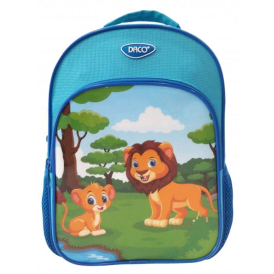 Ghiozdan DACO pentru Gradinita Model Leu, 29x22x10 cm, Bretele cu Burete Reglabile si Doua Buzunare Laterale cu Plasa, Material Poliester, Culoare Albastru, Ghiozdane Gradinita, Ghiozdane Scoala, Ghiozdan Scolar, Rechizite Scolare