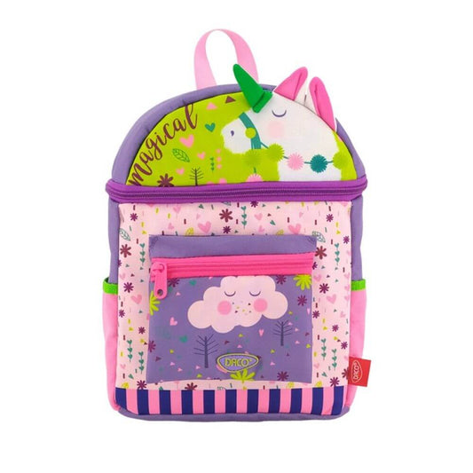 Ghiozdan DACO pentru Gradinita Model Unicorn, 21x28x10 cm, Bretele cu Burete Reglabile si Doua Buzunare Laterale cu Plasa, Material Poliester, Multicolor, Ghiozdane Gradinita, Ghiozdane Scoala, Ghiozdan Scolar, Rechizite Scolare