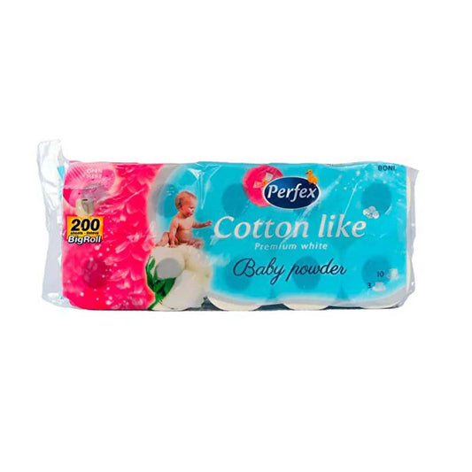 Hartie Igienica Perfex Cotton Like Baby Powder, 3 Straturi, 200 Foi, 10 Role/Bax