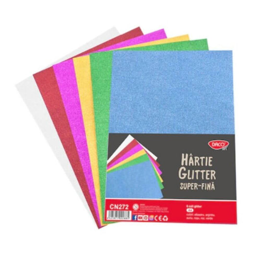 Hartie Glitter Super-Fina DACO, A4, 6 Coli/Top, 6 Culori, Hartie Glitter, Hartie cu Sclipici, Hartie Glitter Colorata, Hartie Sclipici, Hartie Sclipici Colorata, Hartie Decorativa, Hartie Glitter A4, Coala cu Sclipici, Rechizite Scolare