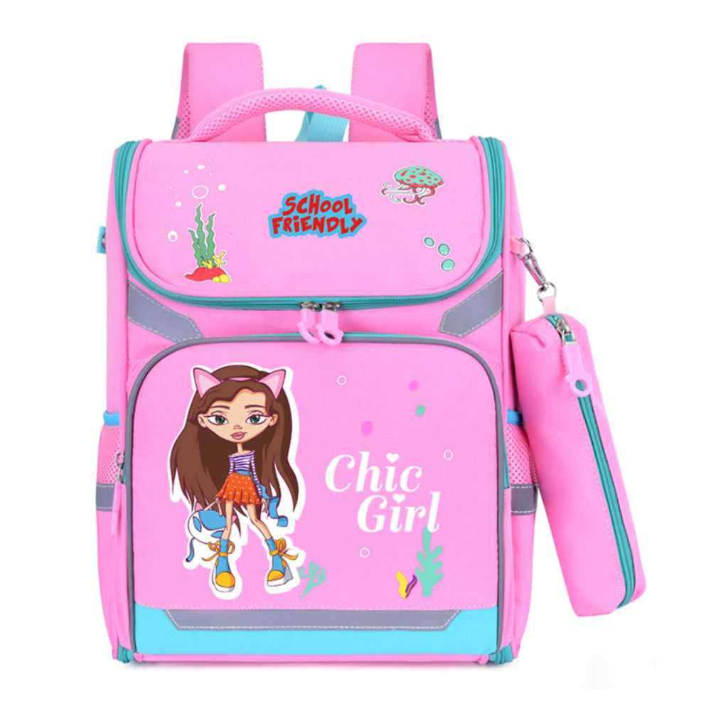 Ghiozdan Clasa 0 pentru Fete cu Penar Etui, 2 Compartimente, Model Chic Girl, Dimensiune 370x280x150 mm, Culoare Roz