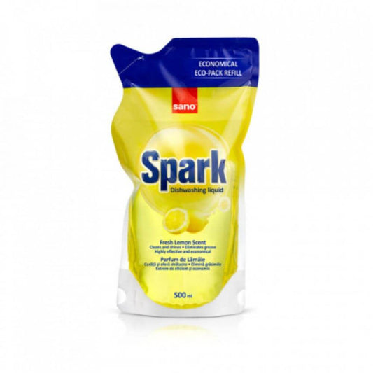 Rezerva Detergent Lichid Vase Sano Spark, 500 ml, Lamaie, Rezerva Lichida Detergent Vase cu Parfum Delicat de Lamaie, Sano Spark Lemon, Rezerve Detergenti Lichizi pentru Vase, Rezerva Detergent Lichid Bucatarie