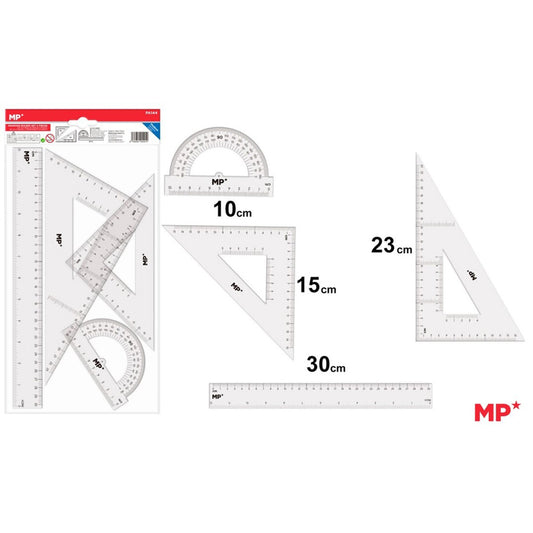 Set geometrie Main Paper, 4 piese, transparent, raportor, 2 echere, rigla 30 cm, blister