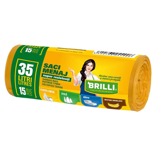Rola 15 Saci Menajeri pentru Colectare Selectiva Brilli, 35 l, Galbeni, Saci de Menaj, Rola Saci Menajeri, Saci Menajeri 35 l, Saci Menajeri in Rola, Saci Menaj cu Manere, Saci Menajeri Parfumati, Saci pentru Menaj, Saci Gunoi