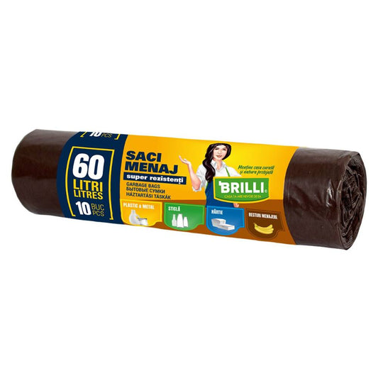 Rola 10 Saci Menajeri pentru Colectare Selectiva Brilli, 60 l, Maro, Saci de Menaj, Rola Saci Menajeri, Saci Menajeri 60 l, Saci Menajeri in Rola, Saci Menaj cu Manere, Saci Menajeri Parfumati, Saci pentru Menaj, Saci Gunoi