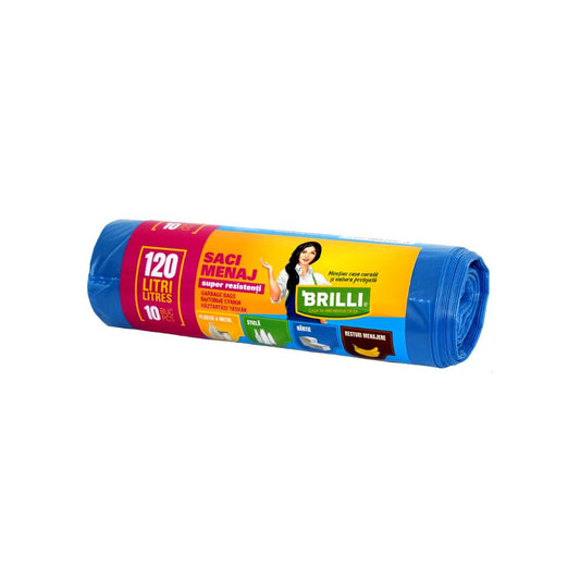 Rola 10 Saci Menajeri pentru Colectare Selectiva Brilli, 120 l, Albastri, Saci de Menaj, Rola Saci Menajeri, Saci Menajeri 120 l, Saci Menajeri in Rola, Saci Menaj cu Manere, Saci Menajeri Parfumati, Saci pentru Menaj, Saci Gunoi