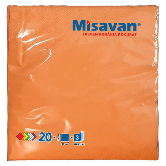 Servetele de Masa Misavan in 3 Straturi, Dimensiune 330x330 mm, 20 Buc/Set, Culoare Somon