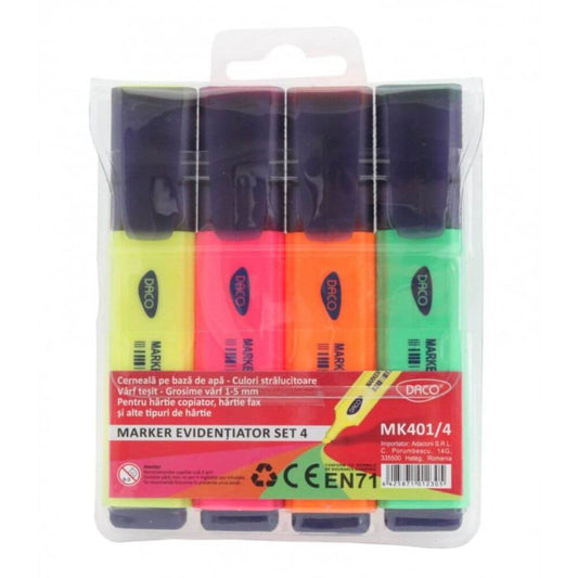 Set 4 Markere Evidentiatoare DACO, Varf de 1-5 mm, Marker Evidentiator, Markere, Marker Verde, Markere Verzi, Marker cu Vopsea Verde, Marker pentru Scoala, Markere Scoala, Textmarker, Marker Highlighter
