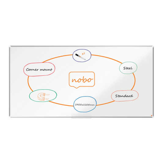 Tabla Nobo Premium Plus, Otel Lacuit, 240x120 Cm, Magnetica, Include Marker Si Tavita, Alb