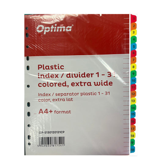 Index Plastic Color, A4+, Extra Wide, 120 Microni, Numeric 1-31, Optima