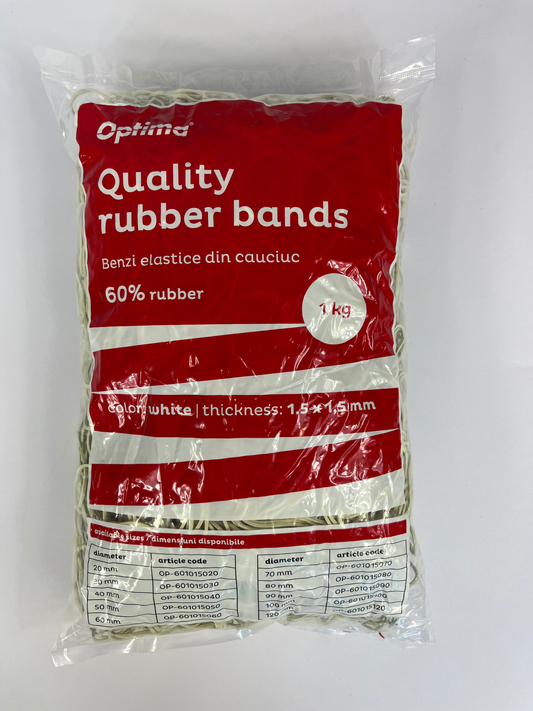 Elastice Pentru Bani, 60% Cauciuc, 1kg/punga, D 50, Grosime 1.5mm X 1.5mm, Optima - Albe