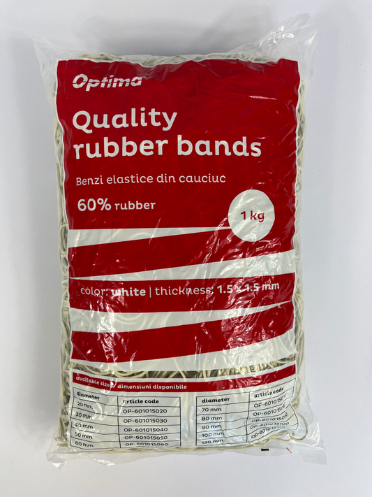 Elastice Pentru Bani, 60% Cauciuc, 1kg/punga, D100, Grosime 1.5mm X 1.5mm, Optima - Albe