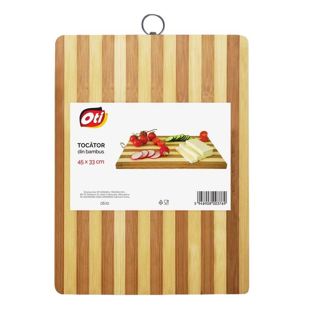 Tocator Dreptunghiular din Bambus Marimea XL, Dimensiuni 45x33 cm, Culoare Natur cu Suport Inel din Metal