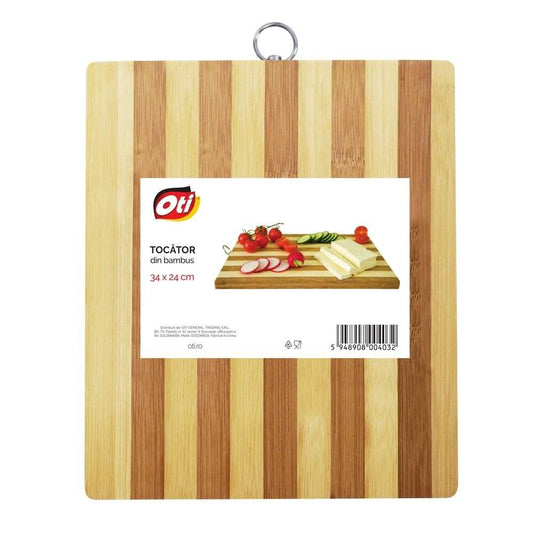 Tocator Dreptunghiular din Bambus Marimea M, Dimensiuni 34x24 cm, Culoare Natur cu Suport Inel din Metal