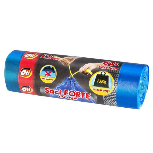 Saci Menajer cu Snur OTI, 60L, 60x70 cm,12 Buc/Rola, Culoare Albastra, Saci Menaj, Saci Menajeri cu Snur, Saci din Plastic cu Snur, Saci de Gunoi, Saci Menajeri 60L, Saci de Gunoi cu Snur, Saci pentru Cosuri de Gunoi