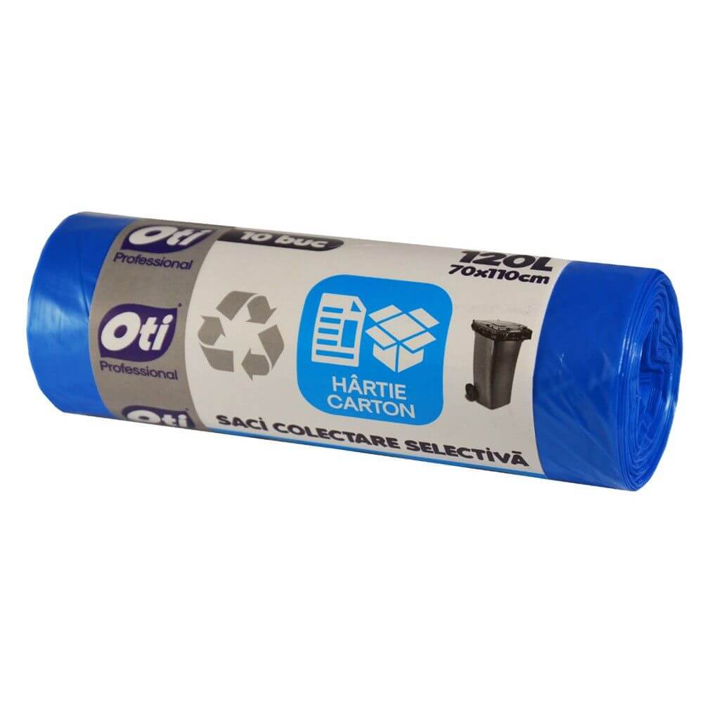 Saci OTI Colectare Selectiva, 120L, 70x110 cm, Albastru, 10 Buc/Rola, Hartie/Carton, Saci Menaj, Saci de Gunoi, Saci Menajeri 120L, Saci de Gunoi Plastic si Metal, Saci Colectare Selectiva