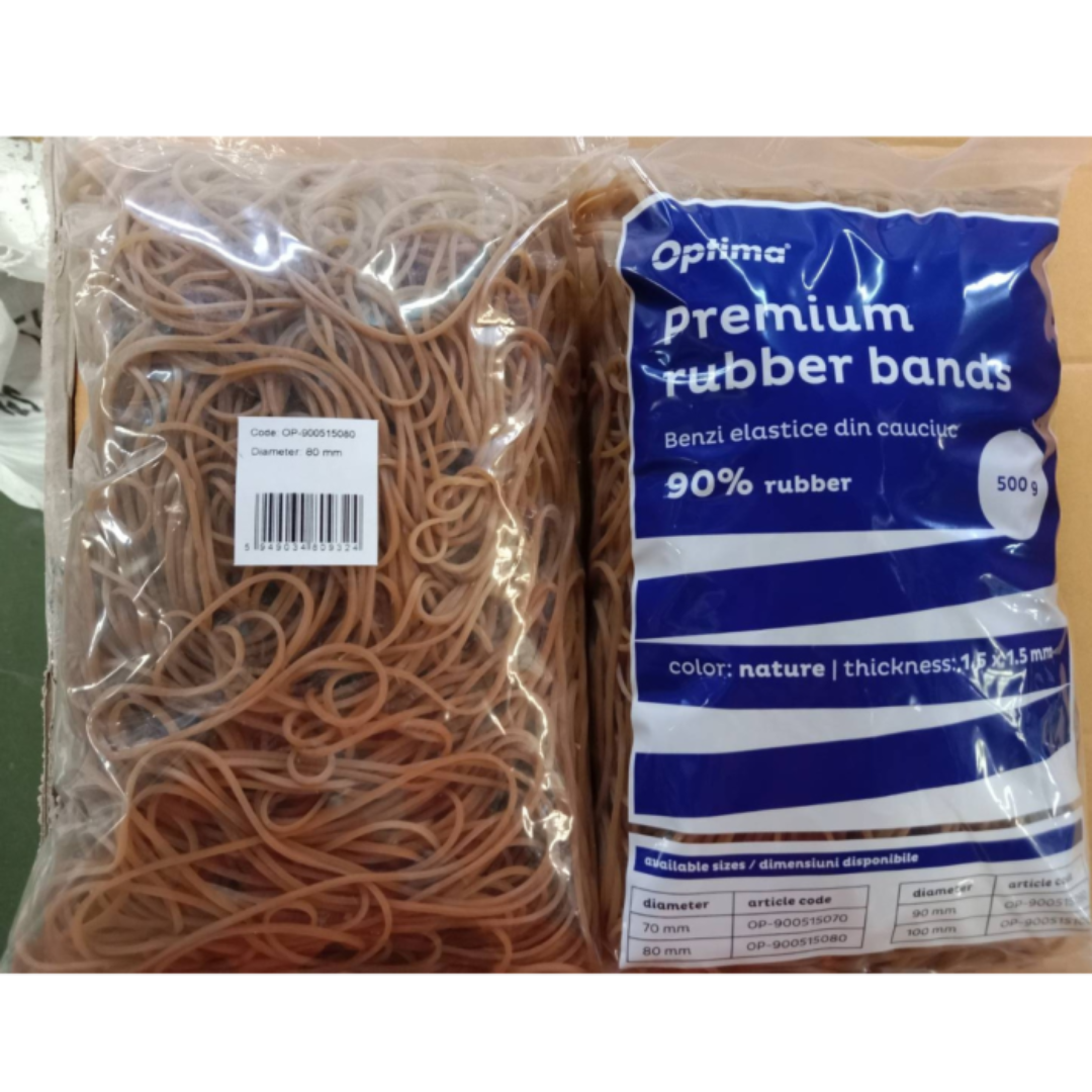 Elastice Pentru Bani, 90% Cauciuc, 500gr./punga, D 80, Grosime 1.5mm X 1.5mm, Optima - Natural