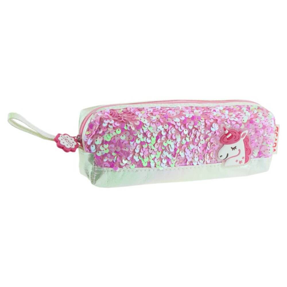 Penar Borseta DACO, Model Unicorn, 20x7x5 cm, Piele Sintetica/Paiete, Culoare Alb/Roz, Borseta pentru Scoala, Penare Tip Borseta, Penar pentru Fete, Penare cu Fermoar, Penare de Scoala, Penare Scolare, Penar Scolar, Rechizite Scolare
