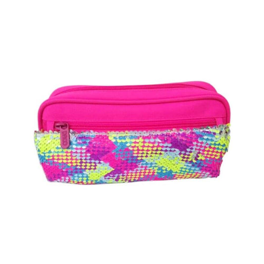 Penar Tip Borseta DACO cu Paiete, 22x11x8.5 cm, Roz, Poliester, Trei Fermoare, Penar Scolar, Penar Colorat, Penar cu Fermoar, Penar pentru Scoala, Penar Borseta, Penar Daco, Penar Neechipat, Penar cu Trei Fermoare, Penar Borseta
