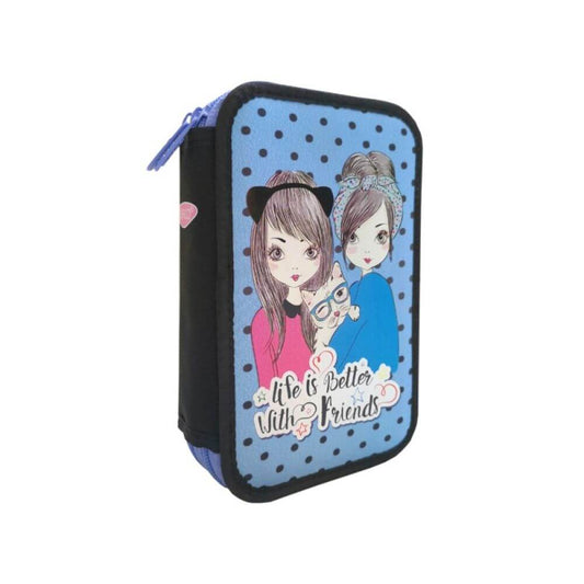 Penar Echipat DACO, Model Friends, 19.5x5x12 cm, Material Poliester, Albastru, Doua Fermoare cu Doua Compartimente, Penar Fermoar, Penare cu Fermoar, Penare Echipate, Penare de Scoala, Penare Scolare, Penar Scolar, Rechizite Scolare