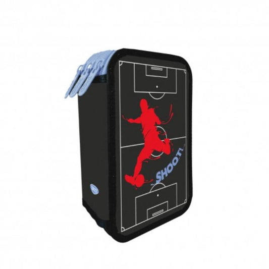 Penar Neechipat DACO, Model Fotbalist, 19.5x12.5x6.5 cm, Poliester, Negru/Rosu, Trei Fermoare cu Trei Compartimente, Penar Fermoar, Penare cu Fermoar, Penare Neechipate, Penare de Scoala, Penare Scolare, Penar Scolar, Rechizite Scolare