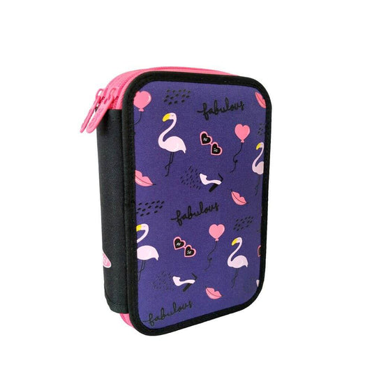 Penar Neechipat DACO, 19.5x12.5x5 cm, Model Flamingo, Poliester, Mov/Roz, Doua Fermoare cu Doua Compartimente, Penar Fermoar, Penare cu Fermoar, Penare Neechipate, Penare de Scoala, Penare Scolare, Penar Scolar, Rechizite Scolare