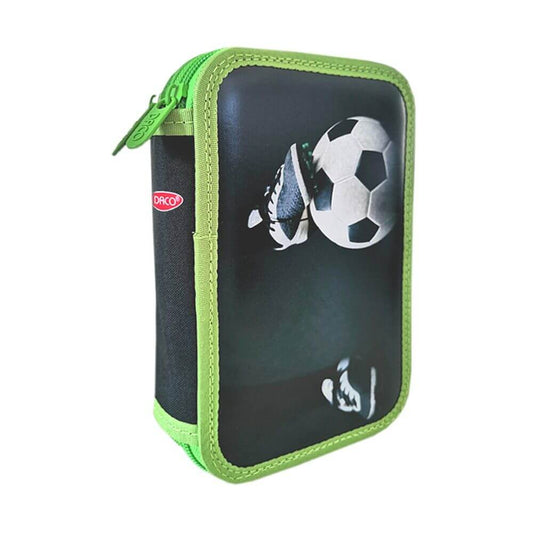 Penar Echipat DACO, Model Fotbal, 19.5x12.5x5 cm, Doua Fermoare cu Doua Compartimente, Poliester, Negru/Verde, Penare Scoala, Penare Scolare, Rechizite Scolare, Penar Scolari, Penare cu Fermoar, Penare Echipate